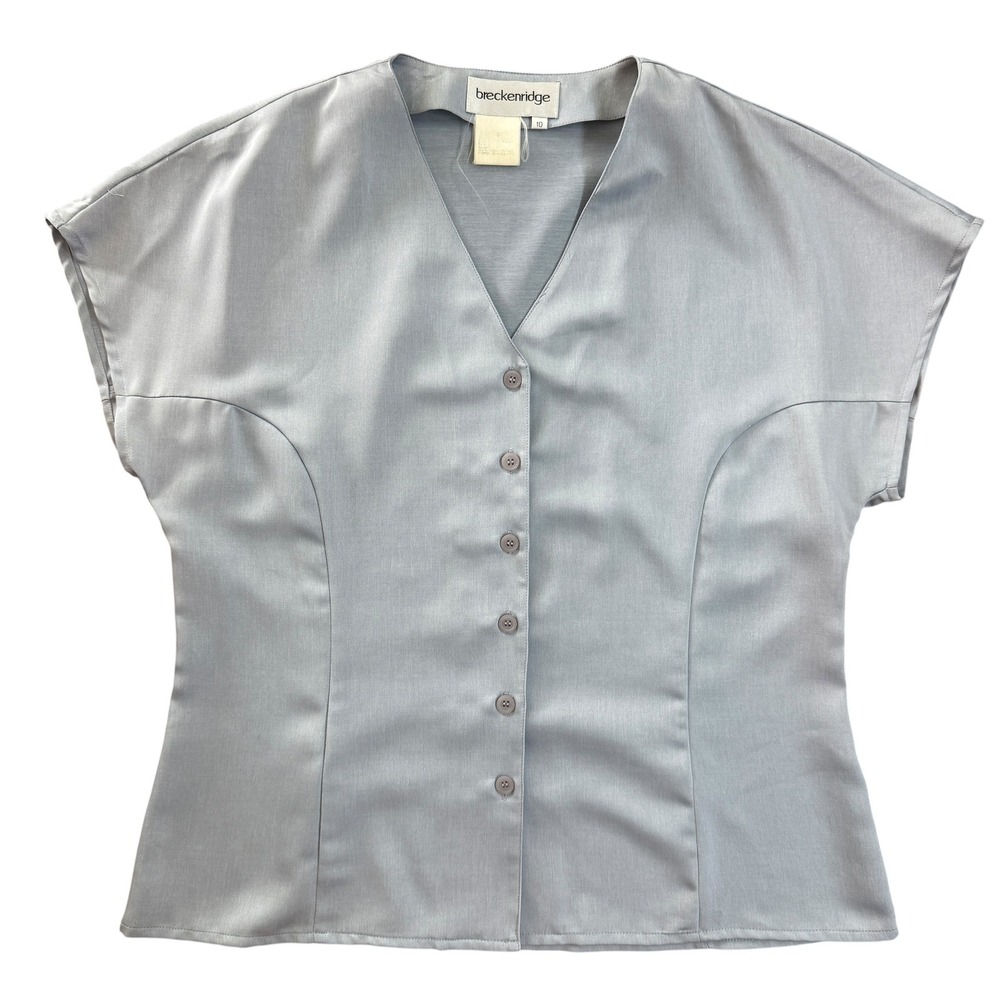 Breckenridge Vintage 90s Satin Blouse Minimalist Button Front Top Blue Dolman